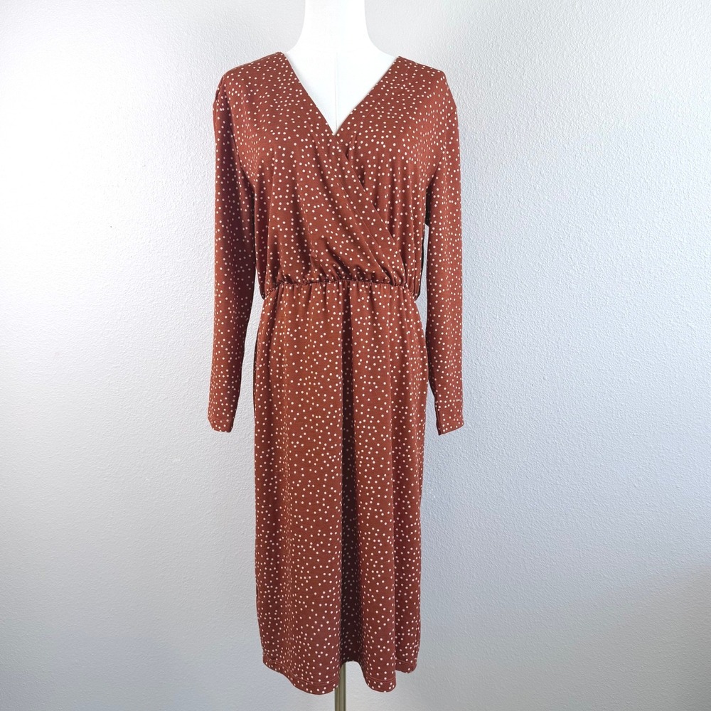 Mango Suit Women Rust Brown Polka Dot Faux Wrap Midi Dress Long Sleeve Size M